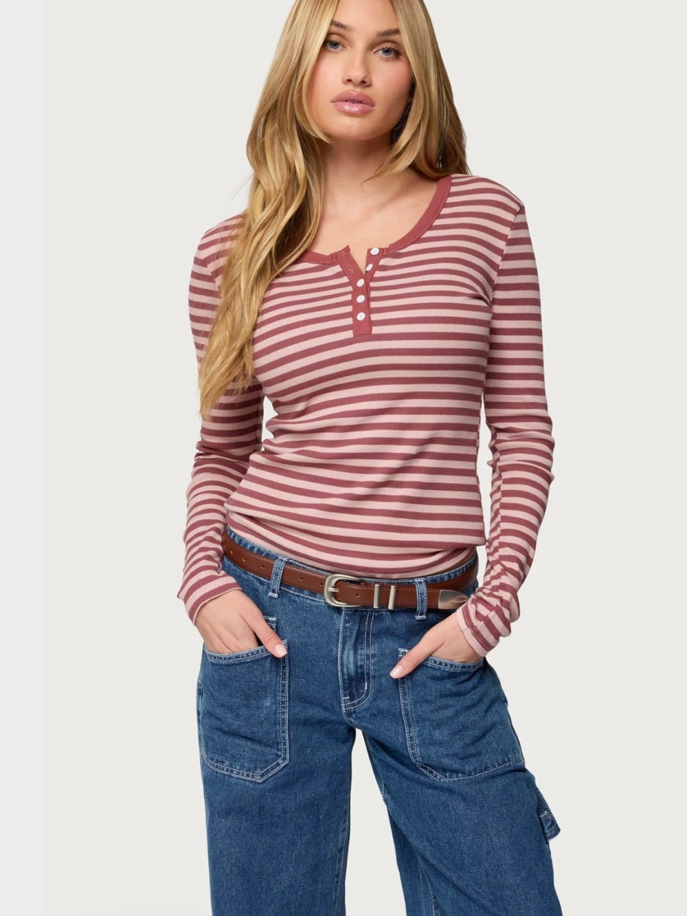 Edikted Roma Striped Ribbed Henley Top Dusty Rose Pink Women’s XL